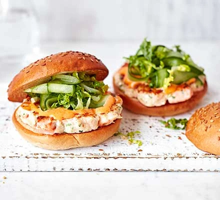 Weight loss lunch idea: prawn and salmon burger with spicy mayo.